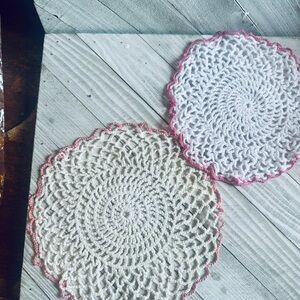 Vintage Handmade Crochet Doilies Set of 2 White Cream Pink Scalloped Lace 7.5 in